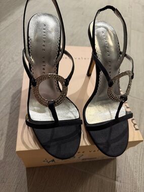Martinez Valero Black Satin Slingback Heels with Crystal Ring
